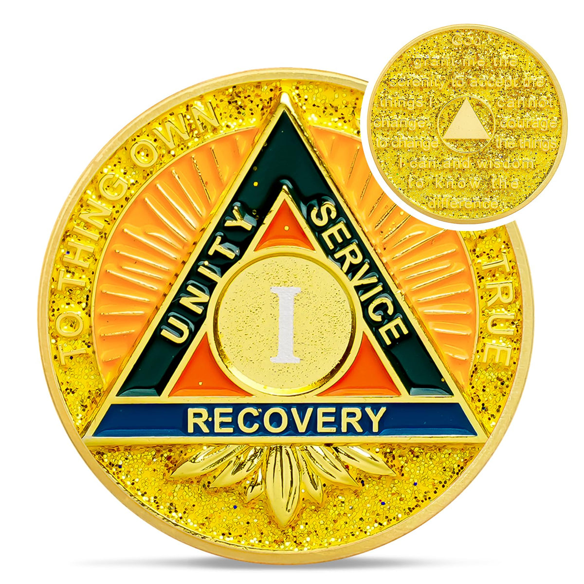 True Self sobriety coin for 1, 2 and 3 year recovery milestones
