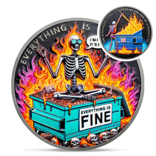 Hilarious Skull Dumpster Fire Challenge Coin - The Strongest Steel is Forged Dumpster Fire Coin - Funny Desk Accessories for Work - Coworker Go Away Token - Inspirational Gifts for Men Women Teacher Coin With Meaning