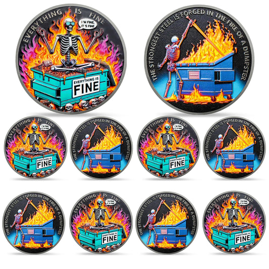 Hilarious Skull Dumpster Fire Challenge Coin - The Strongest Steel is Forged Dumpster Fire Coin - Funny Desk Accessories for Work - Coworker Go Away Token - Inspirational Gifts for Men Women Teacher Coin With Meaning