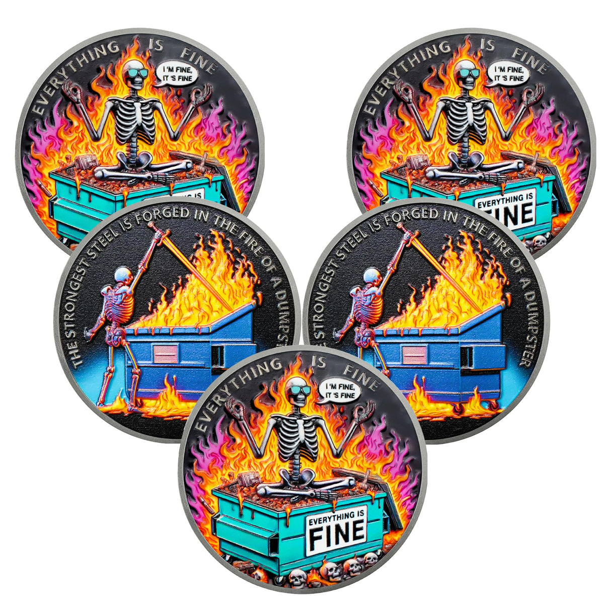 Hilarious Skull Dumpster Fire Challenge Coin - The Strongest Steel is Forged Dumpster Fire Coin - Funny Desk Accessories for Work - Coworker Go Away Token - Inspirational Gifts for Men Women Teacher Coin With Meaning