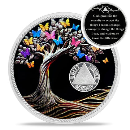 Colorful Black Butterfly Tree Sobriety Coin Coin With Meaning