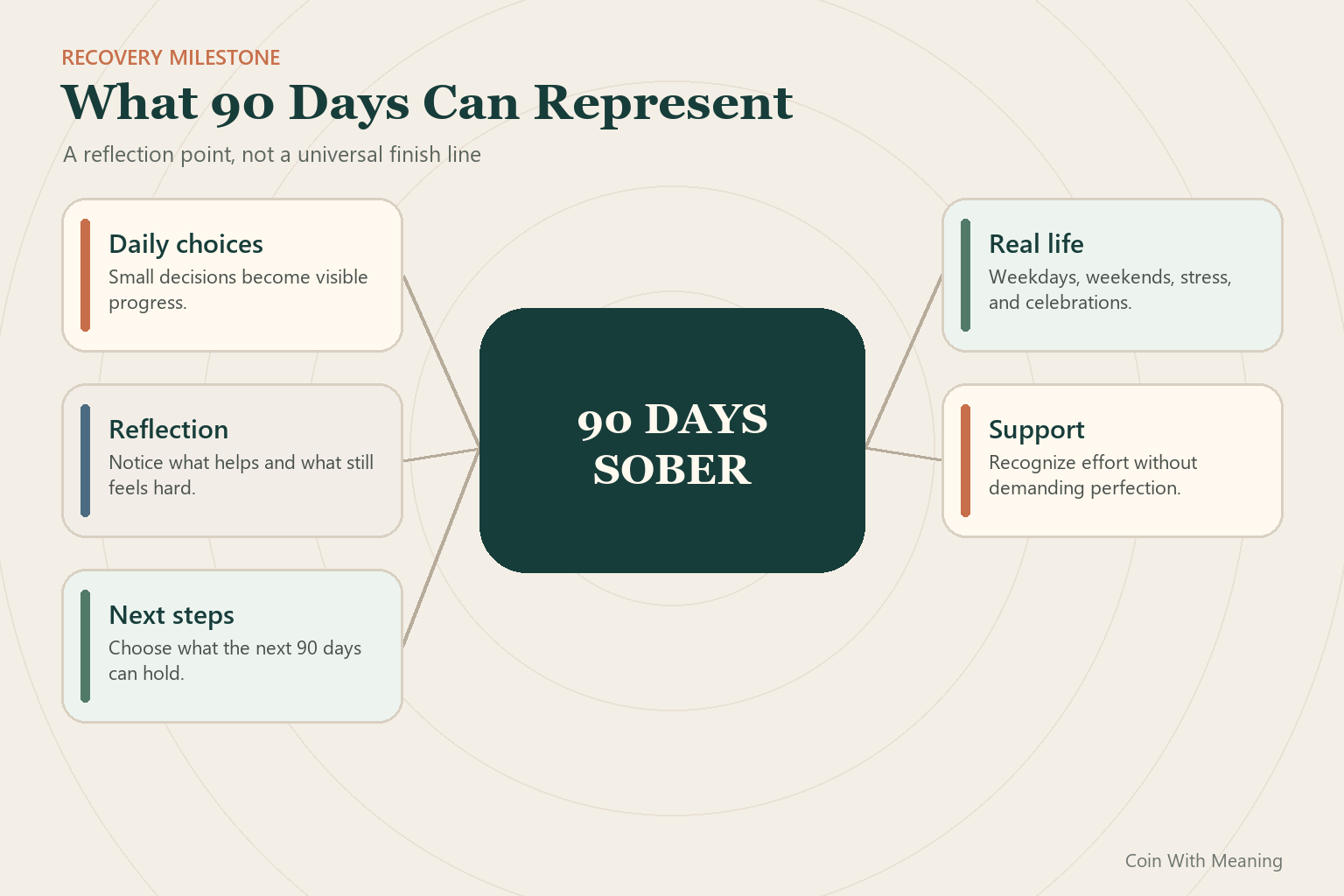 Five-part content map explaining the meaning of a 90-day sobriety milestone
