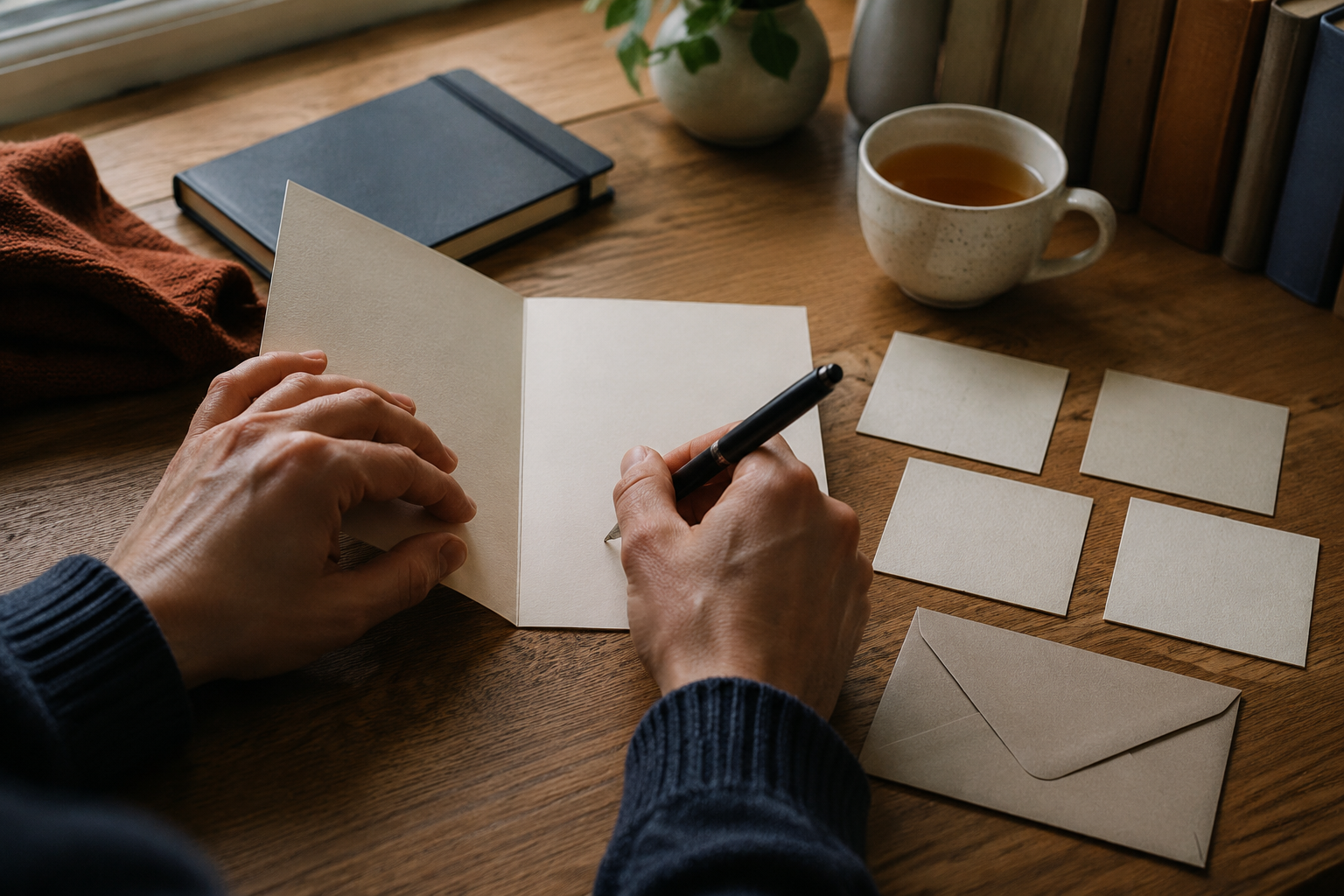 A friend writing a personal one-year sobriety card at a quiet table