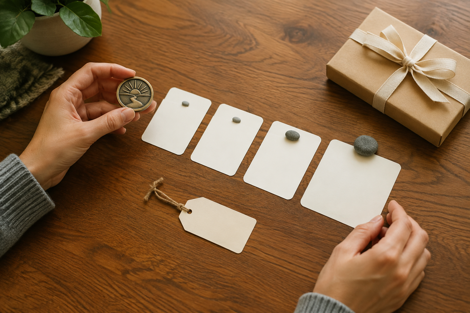 Milestone cards and a simple keepsake representing different stages of recovery