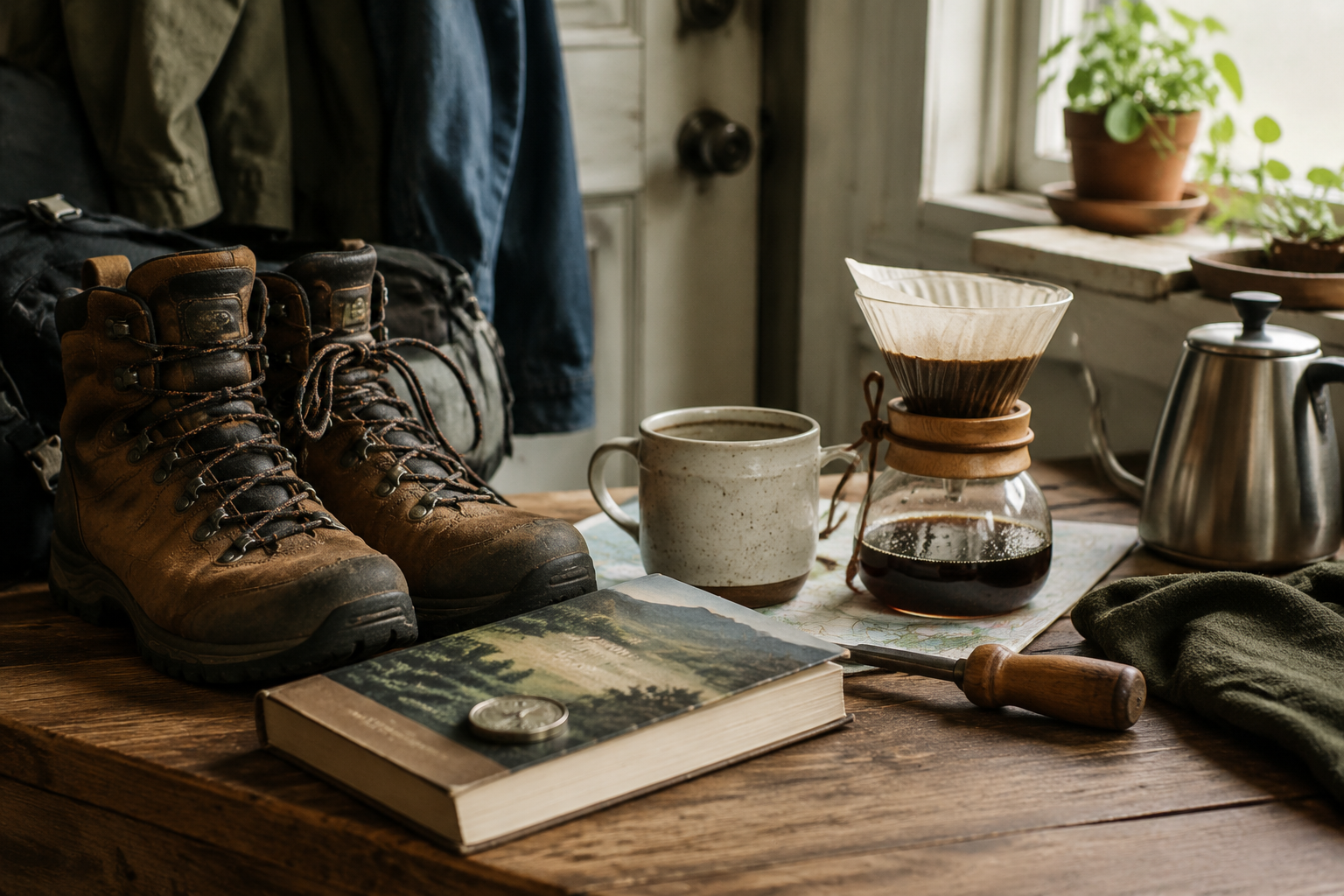 Hiking, coffee, reading, and workshop objects showing sobriety gifts matched to personality