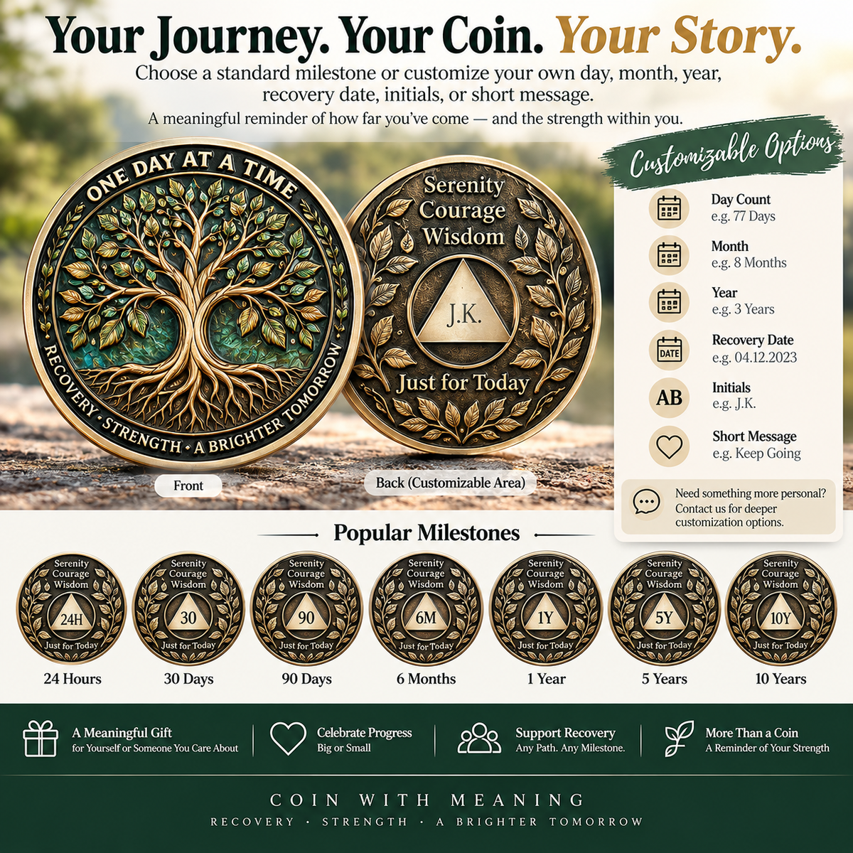 Coin With Meaning sobriety coin milestone customization guide for day month year recovery date initials and short message