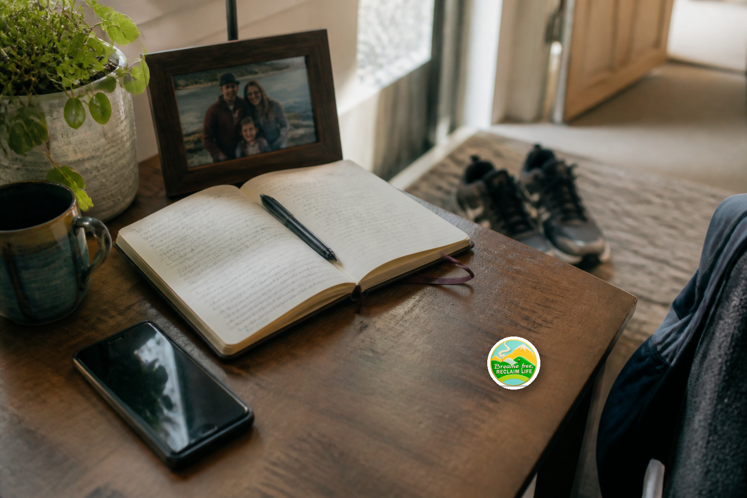 A lived-in support scene with a phone, journal, walking shoes, family photo, and a small sobriety coin on a table.